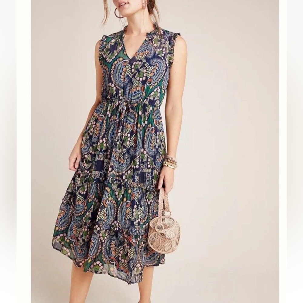 Anthropologie Elmira Ruffled Midi Dress Multicolor Paisley Boho Casual Women’s 4